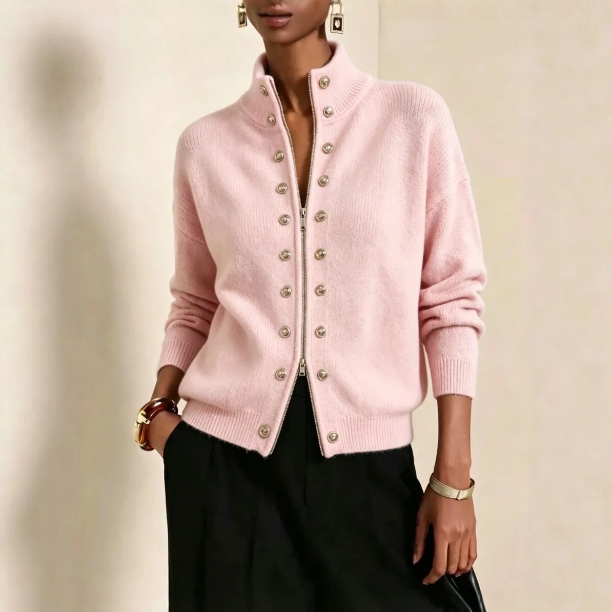 Women Knititng Sweater 2026 Autumn New Women Double Breasted Stand Collar Zip Knit Cardigan Loose Cropped Sweater Coat 3