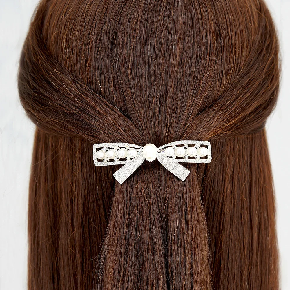 

Rhinestone Pearl Bow Ponytail Clip Korean Fashion Elegant Ponytail Holder Women Girls Simple Hairpin Headdress Hair Accessories