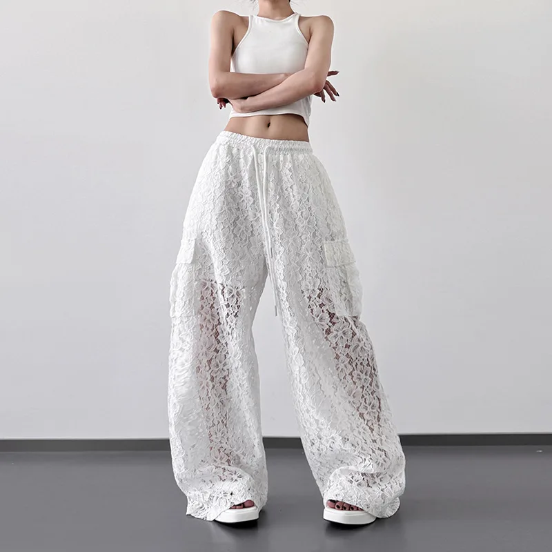 여성용 화이트 할로우 레이스 캐주얼 팬츠 2025 여름 신상 와이드 레그 팬츠