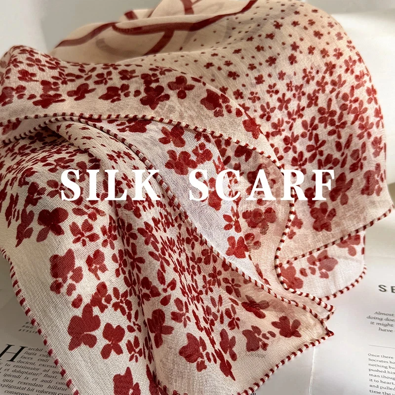 

30% Silk 70% Wool Scarf for Women Luxury Brand Original Red Floral Square Scarf Warm Women's Scarves on the Neck Winter Shawl