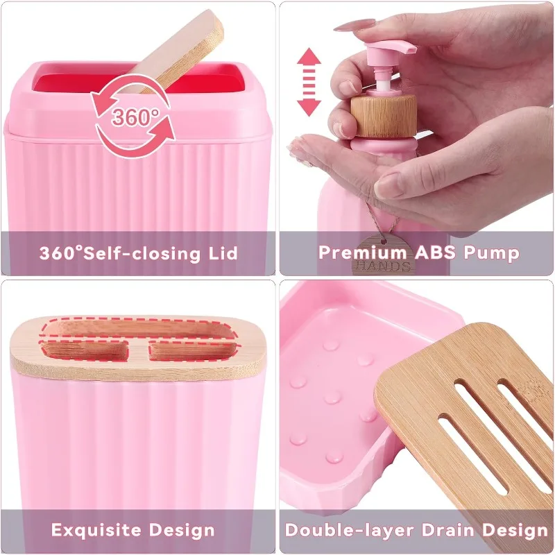 

32PCS Pink Bathroom Accessories Set with Shower Curtain,Rugs,3PCS Lotion Soap Dispenser,6PCS Wood Tags Bath Accessories with Tra