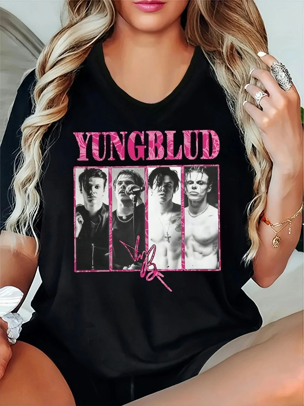 Camiseta holgada de talla grande con cuello redondo para mujer, camiseta informal holgada con estampado inspirado en Yungblud, capa base para todas las estaciones