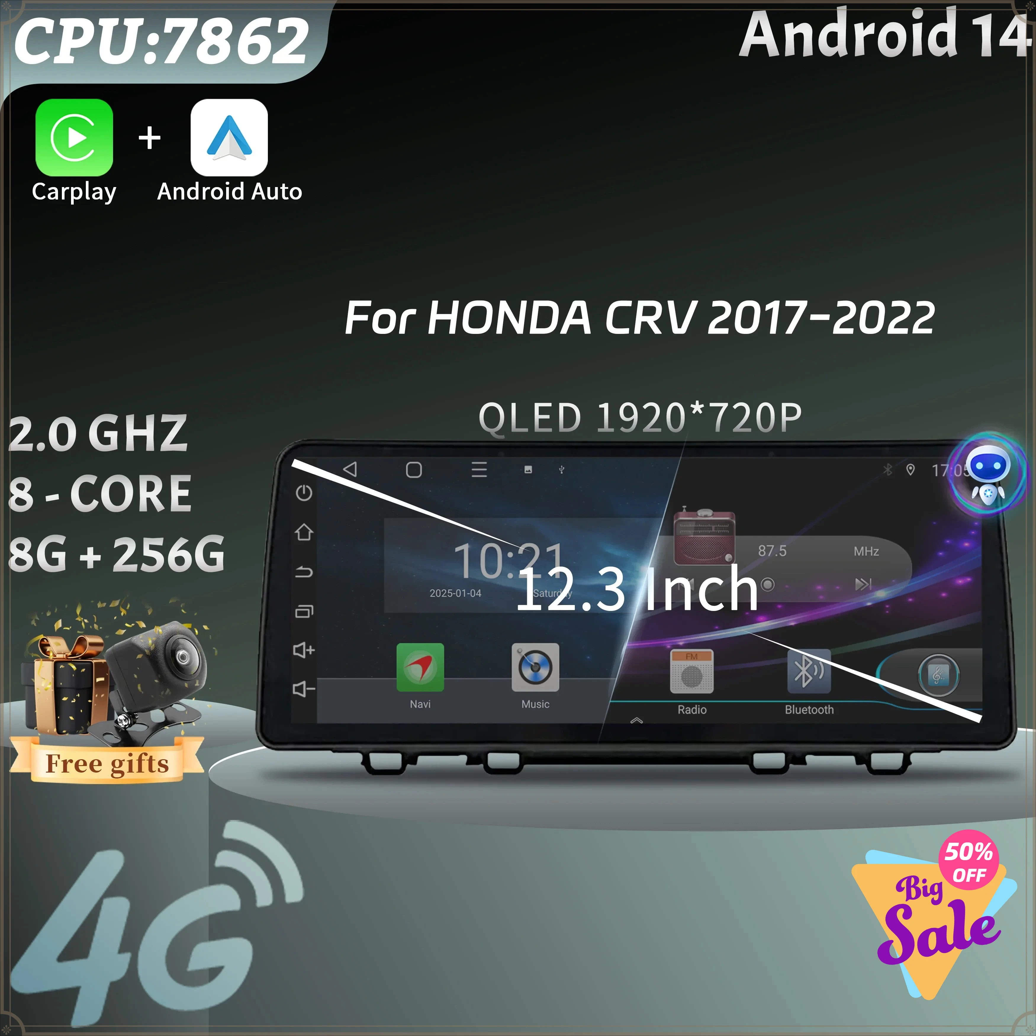 12.3 Car Radio Multimedia  Android Multimedia Wireless Androd Carplay Navigation 4G GPS Head Unit Screen For HONDA CRV 2017-2022