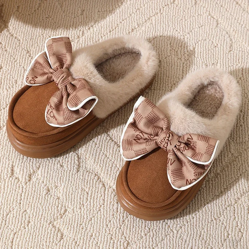 Hot Seller Lovely Bow Women Winter Toe Wrap Warm Solid Cotton Slippers Thick Soft Sole Slides  Indoor Floor Flat Non-slip Shoes