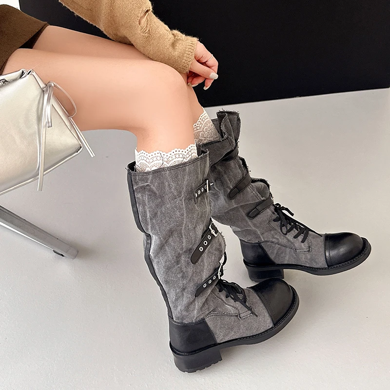 Retro Knight Boots Women's Splicing 2026 New Belt Buckle Style High Heels
