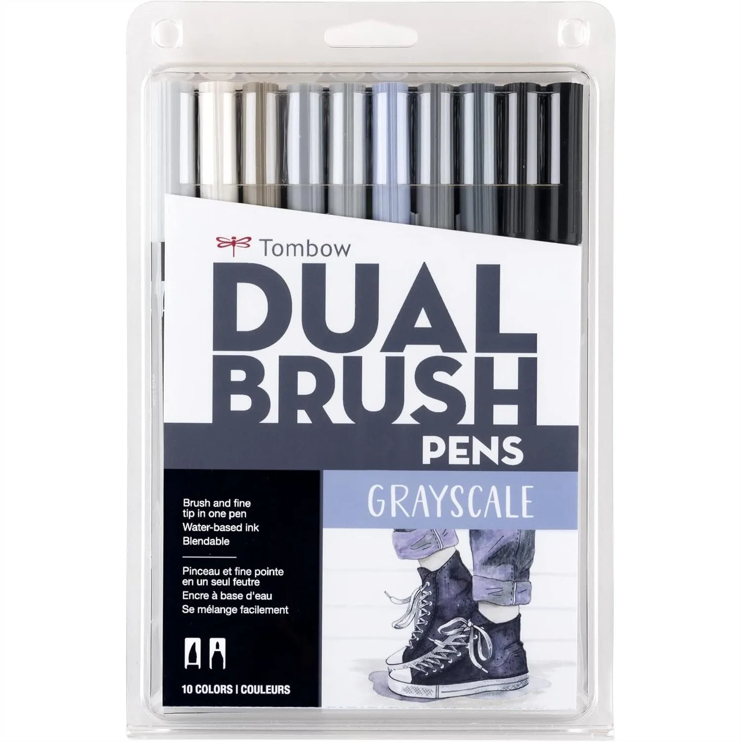 

Dual Brush Pen Art Markers, Grayscale 10-Pack Blendable Brush and Fine Tip Markers for Hand Lettering and Illustration