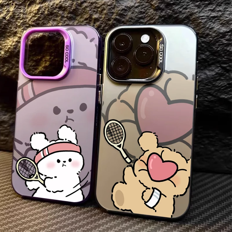 Cute Couple Puppy Dog Plating Case For iPhone 16 Pro Max 15 14 13 12 11 Pro Max XS X XR 16 Plus Matte Hard PC Bumper Back Cover