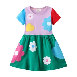 Jumping Meters Hot Selling Summer Short Sleeve Flowers Hearts Embroidery Cotton Princess Girls Dresses Baby Birthday Frocks