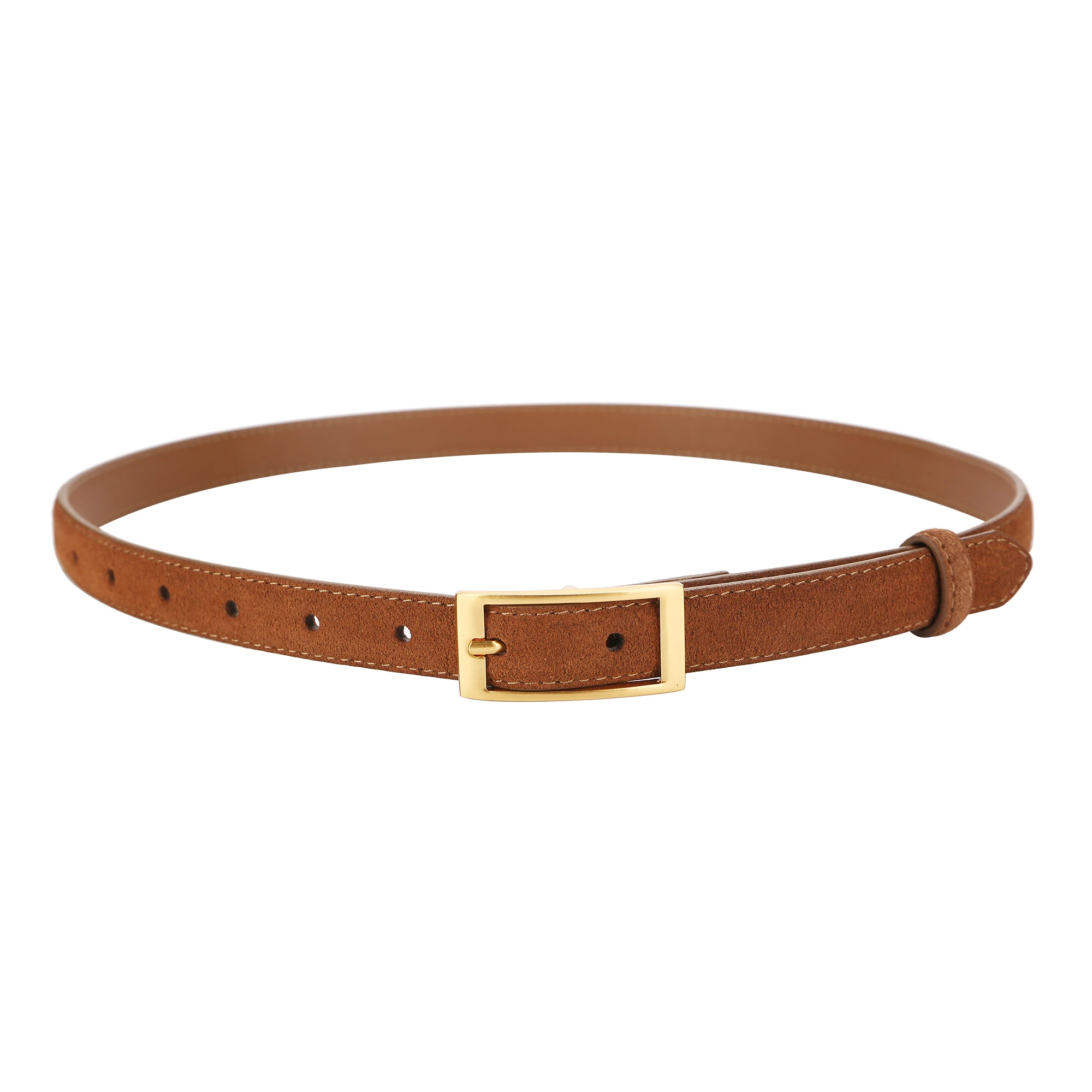 Luxuriöser Wildleder-Rindsledergürtel für Damen, Schmaler Ledergürtel für Kleider, Jeans und Hosen mit Goldener Quadratschnalle – Detail 8