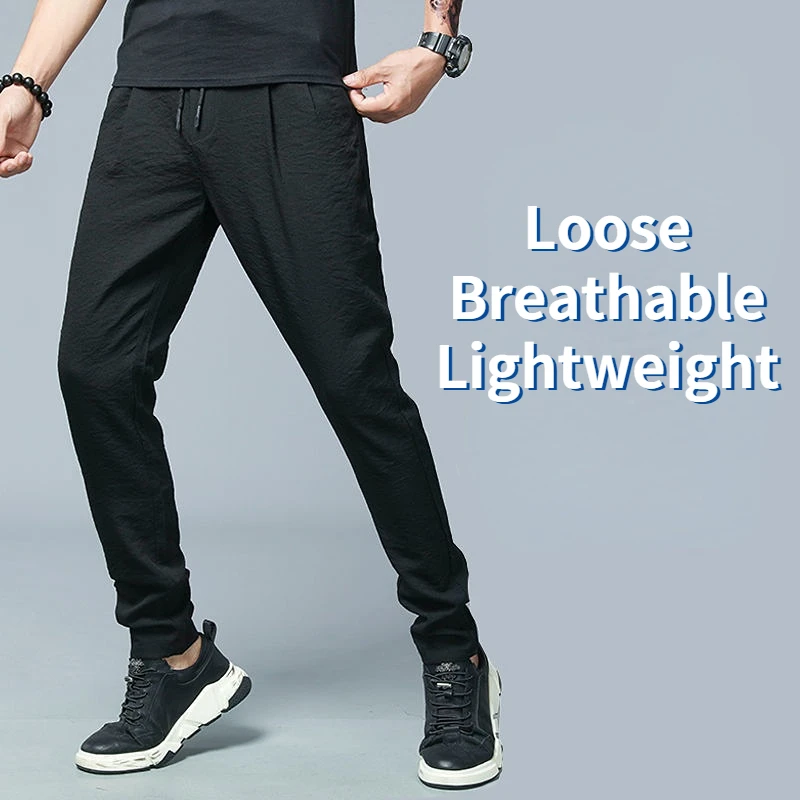 Summer Ice Silk Pants Men\'s Casual Pants Loose Thin Ultra-thin Trousers Men\'s Sports Pants Trousers 120KG Can Be Worn