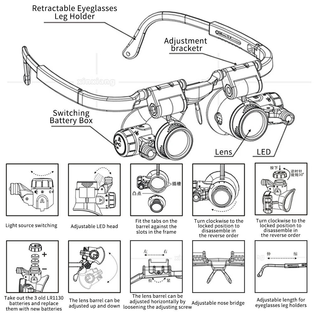 Relógio joalheiro reparação lupa 8x 15x 23x telescópica lupa óculos de cabeça-montados com 2 luz led para leitura