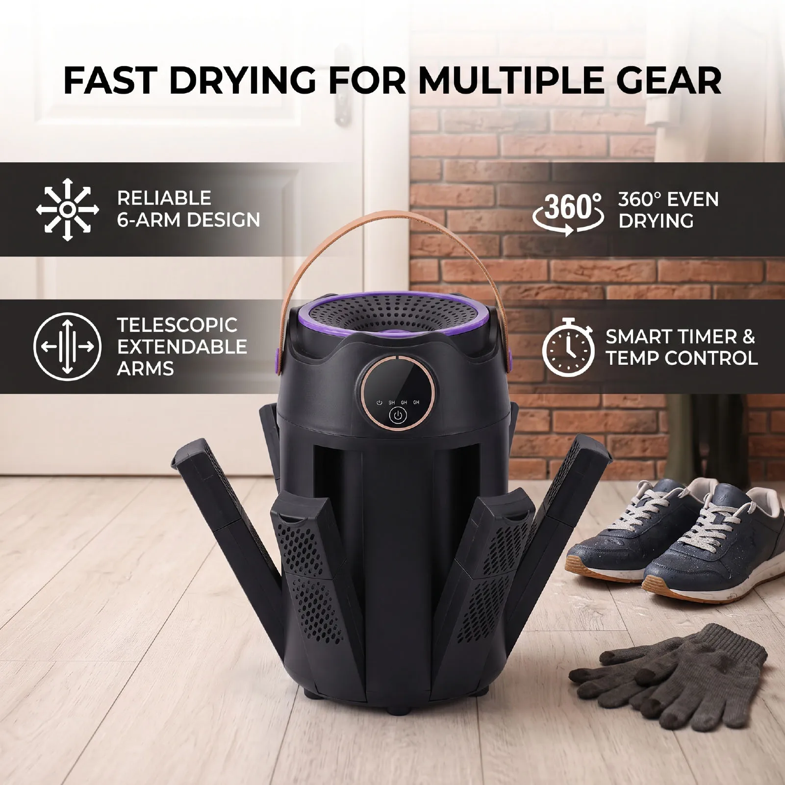 Boot Dryer Shoe Dryer 6 Arm Telescopic Quick Drying Machine with Timer Fast 360° Heating for Shoes Socks Gloves Hats Shoe Dryer