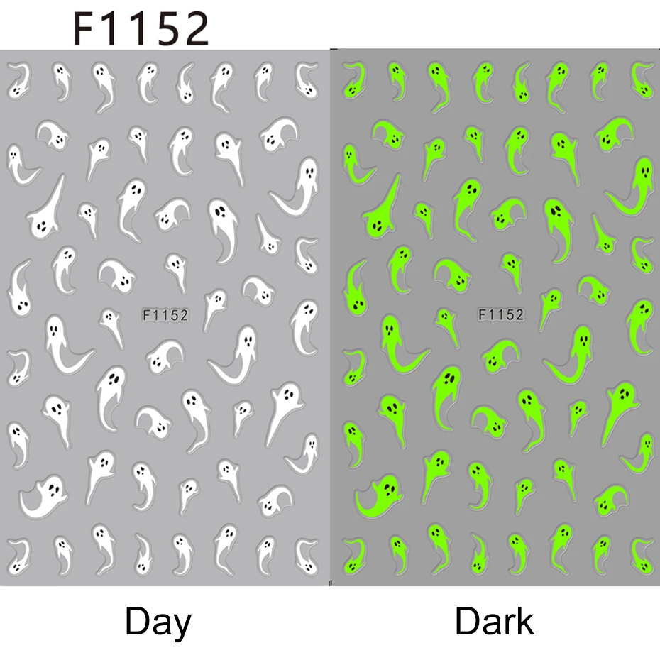 Pegatinas luminosas para uñas espeluznantes de Halloween, calcomanías con diseño de calabaza fantasma blanco que brillan en la oscuridad, decoraciones artísticas para manicura, 2 uds.