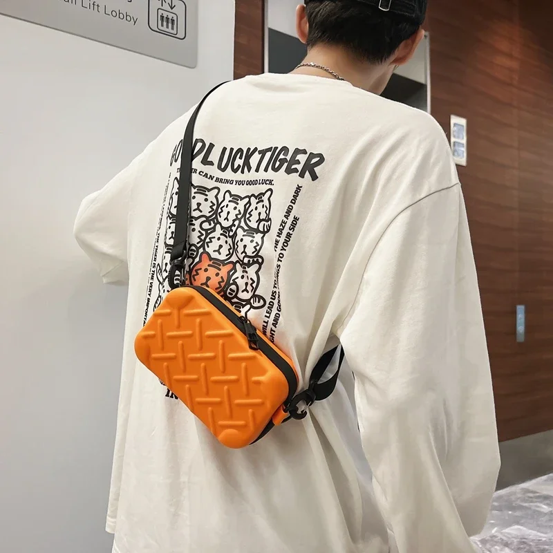 Diagonal Pu Leather Shoulder Bag For Men And Women Orange Black Box Handbag Casual Mini Crossbody Bag Versatile Trend Couple Bag