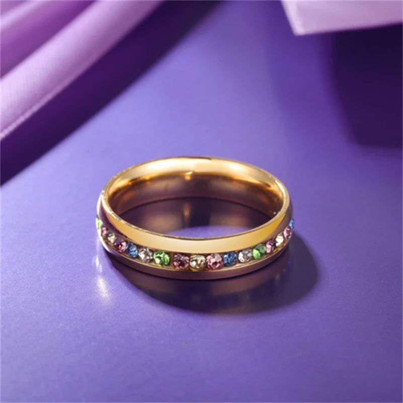 

5MM Width 6#-10# Wedding Rings for Women Jewelry 316L Stainless Steel Colorful Rhinestone Gold-Plated Engagement Ring Gift