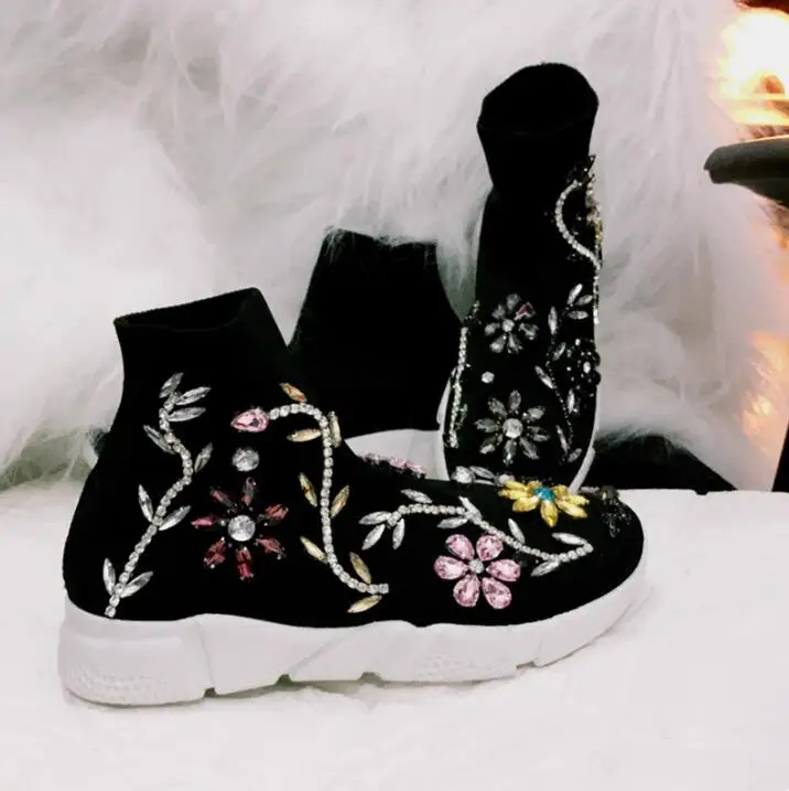 Glitter Multi-Color Rhinestone Flower Leafs Sock Boots Inner Wedge Increased Sole Women's Thick Sole Flat Elastic Ankle Boots