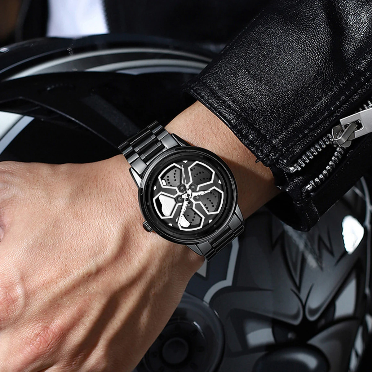 Original Wheel Rotating Men Watches Black Fashion Stainless Steel Strap Sports Man Clock 3Bar Quartz Movement Top Watch for Men image 2