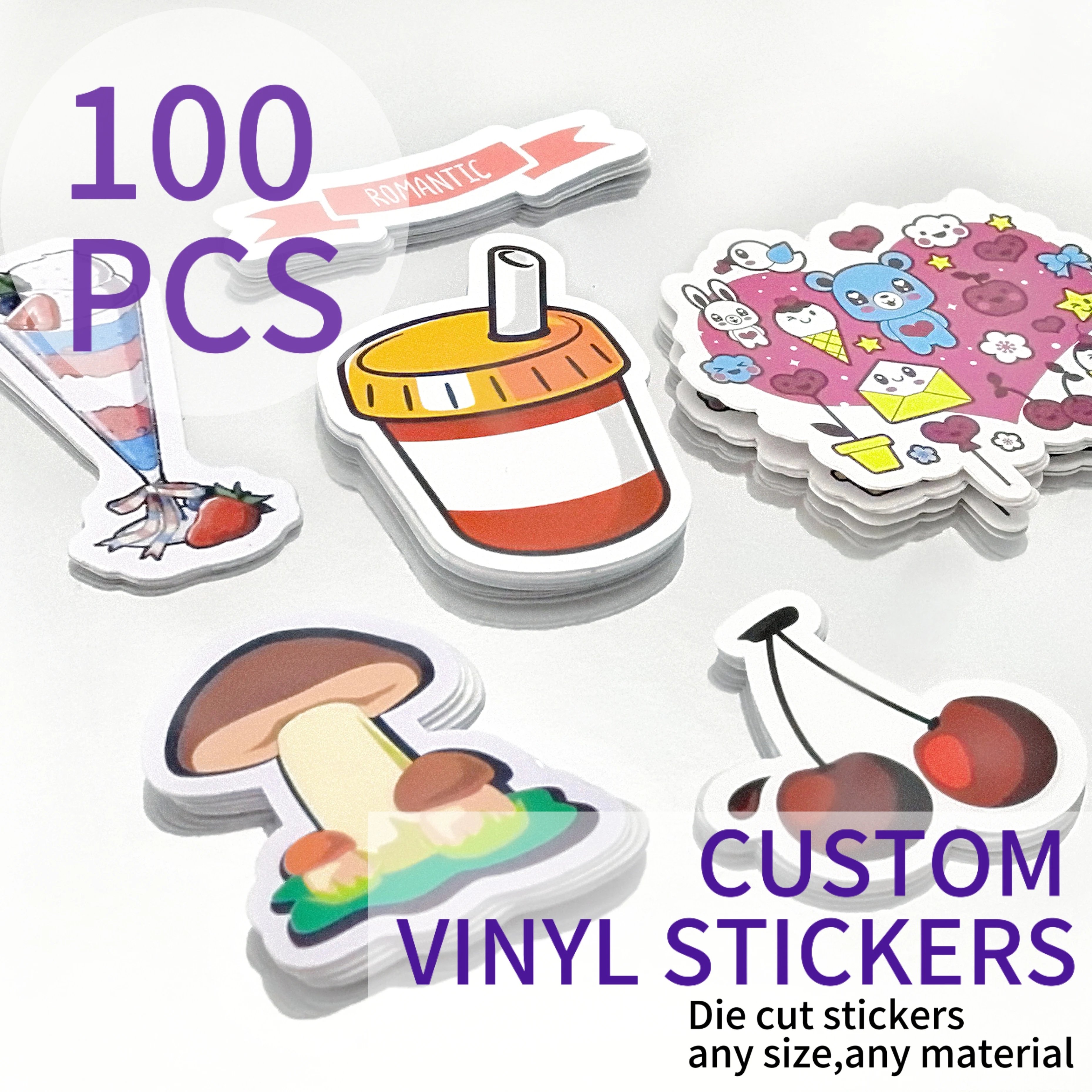 100 adesivos personalizados em PVC à prova d'água, recortados em vinil, com design de logotipo personalizado, adesivos fofos para laptop, aniversário, casamento, negócios