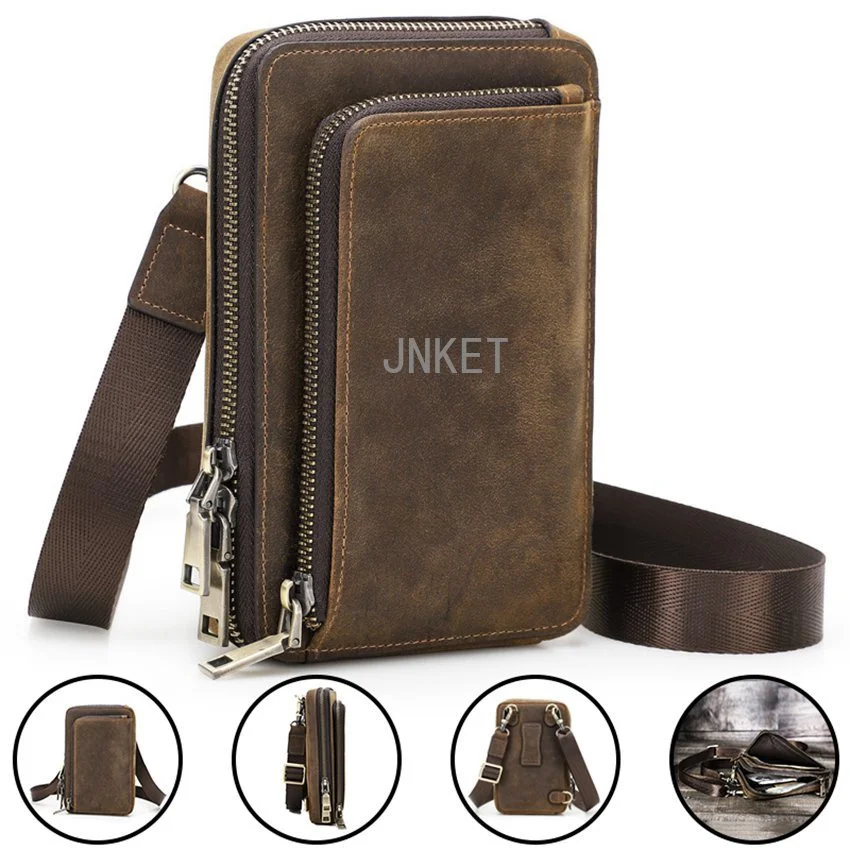 Men's Mobile Phone Bag Cow Leather Waist Bag Mini Shoulder Bag Casual Crossbody Bag Sling Ba