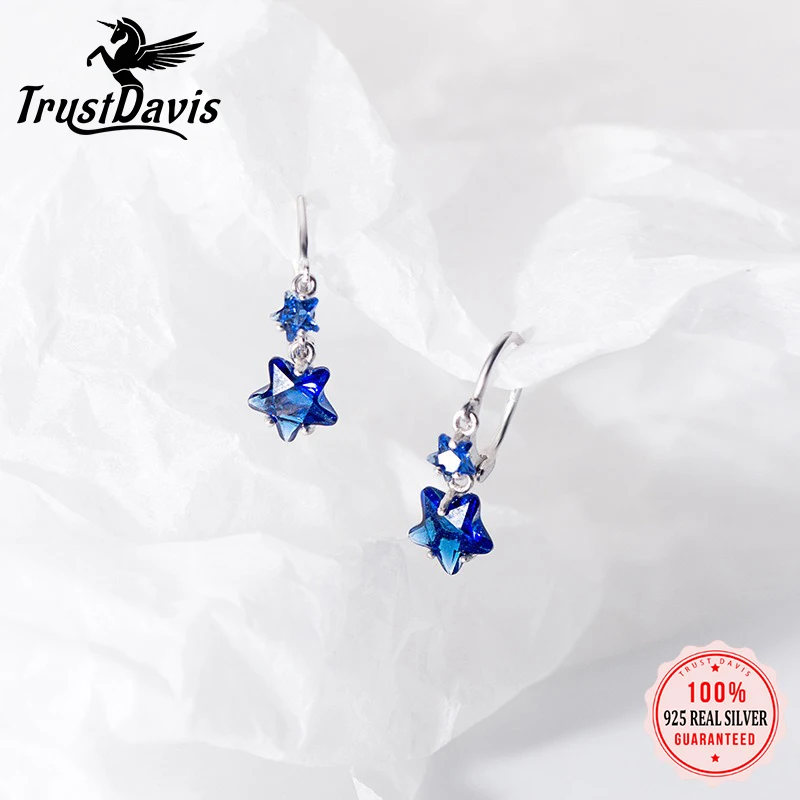 

TrustDavis Real 925 Sterling Silver Fashion Dark Blue Star Hoop Earring for Women Office Lady Fine 925 Jewelry Gift DA1955
