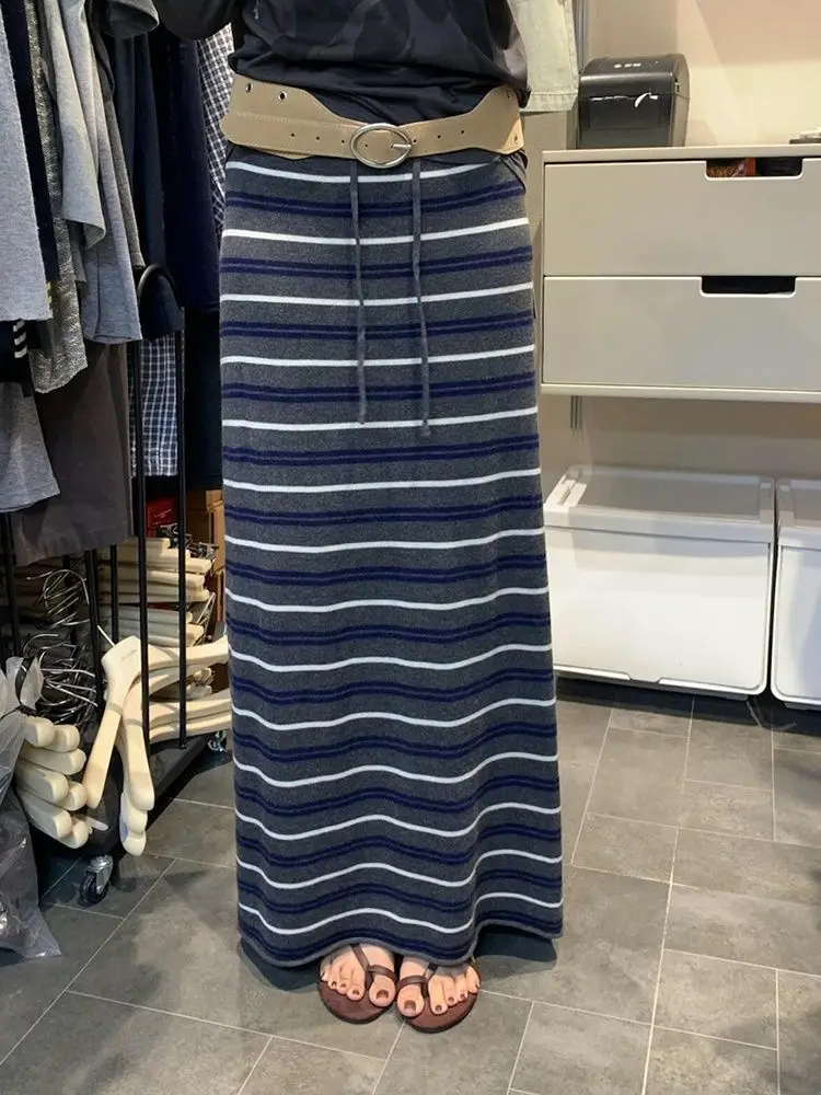 

Korean Striped Contrast Knitted Skirt Women's Autumn New Long Skirt
