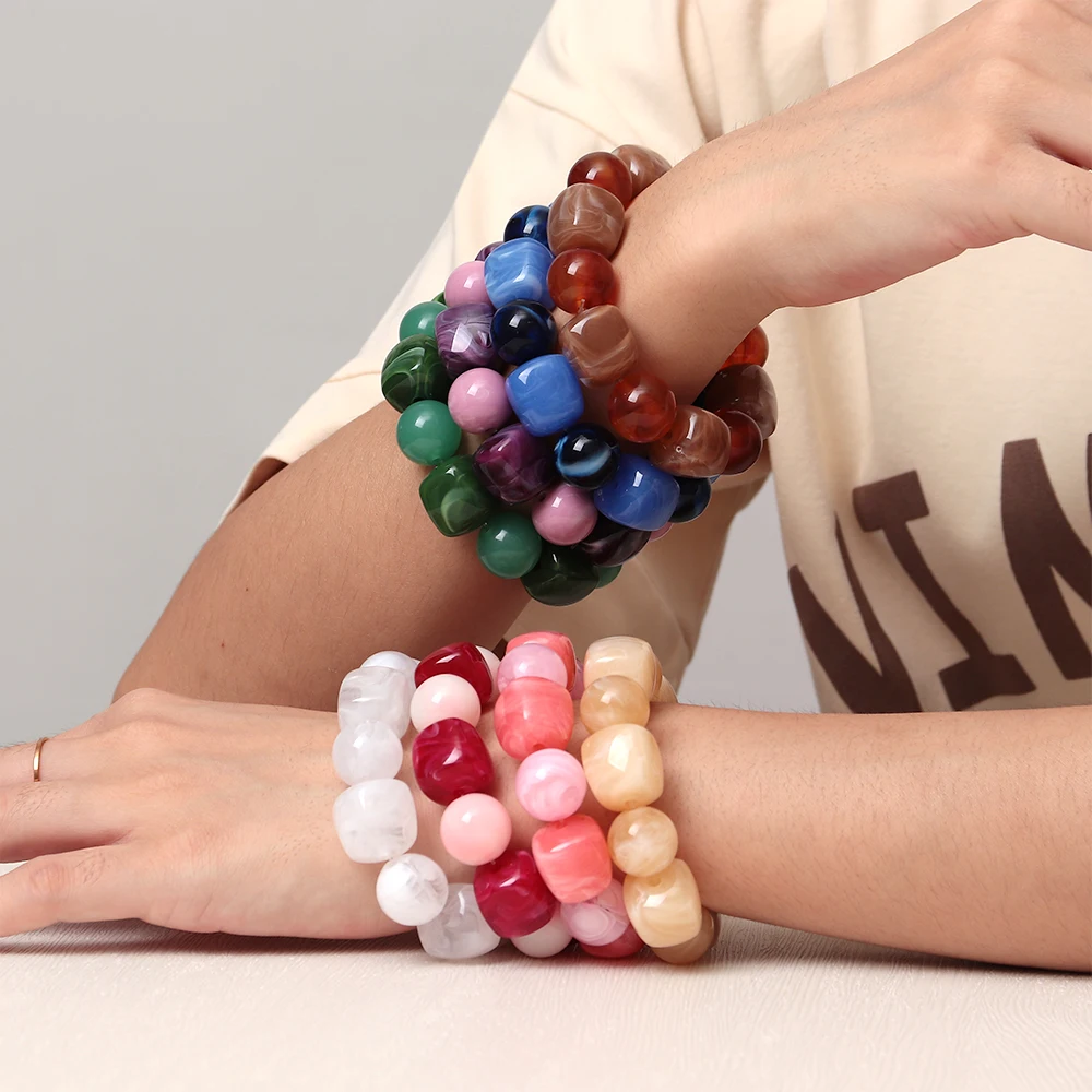 Bohemian Acryl Geometrische Quadratische Runde Perlen Elastische Armbänder für Frauen Trendy Harz Perlen Stapelbare Armband Armreif Schmuck – Detail 3