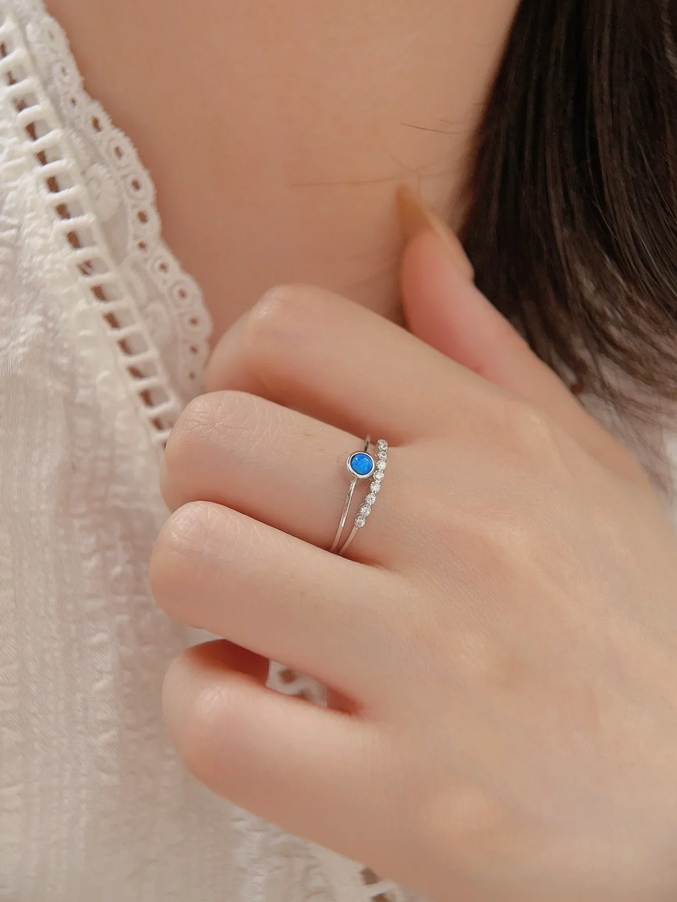 Creative Pure 925-Silver Double-layer Ring with Blue Opal and Zircon Simple Exquisite Style for Daily Wear or as a Gift