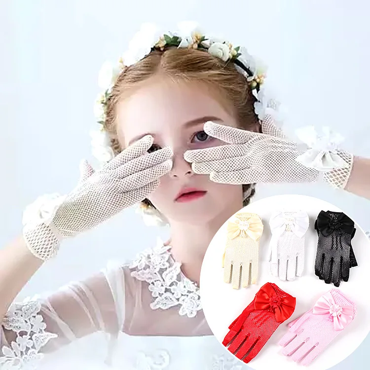 Gloves Kids Adult Flower Girl Bridal Wedding Dress Mesh Bow Stretch White Ivory Polyester Spandex Lightweight Breathable