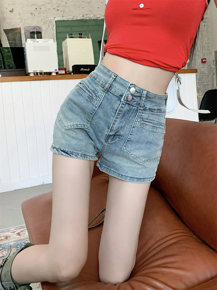 

Slergiri High-waisted pocket washed denim shorts summer women's street style fashion vintage straight jean shorts female