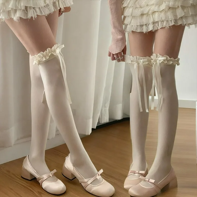 

Ballet Ruffle Bowknot Long Socks Women Ultra-thin Stockings JK Leggings Over The Knee Hosiery Autumn Lace Black White Beige Sock