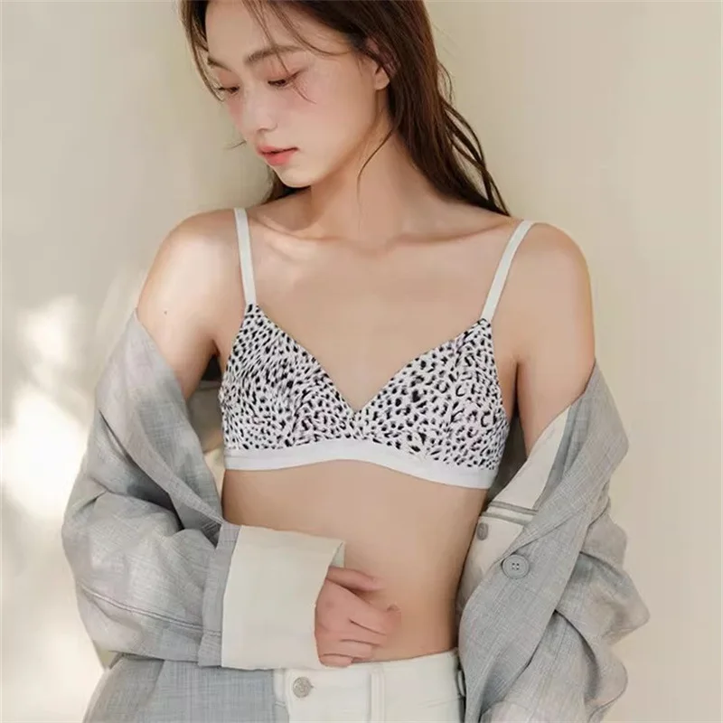 UBAU Leopard print triangle cup small breasts gathered underwear women without steel ring comfortable anti-breathable bra set