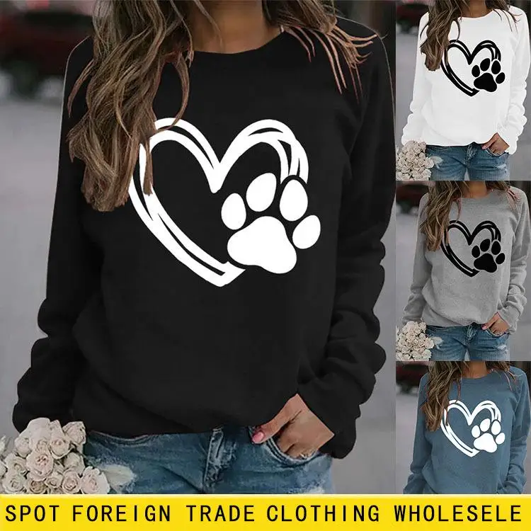 

Женская свободная толстовка с капюшоном и принтом, из полиэстера, с круглым вырезом, с дизайном «собачьи лапы», осенний модный топ