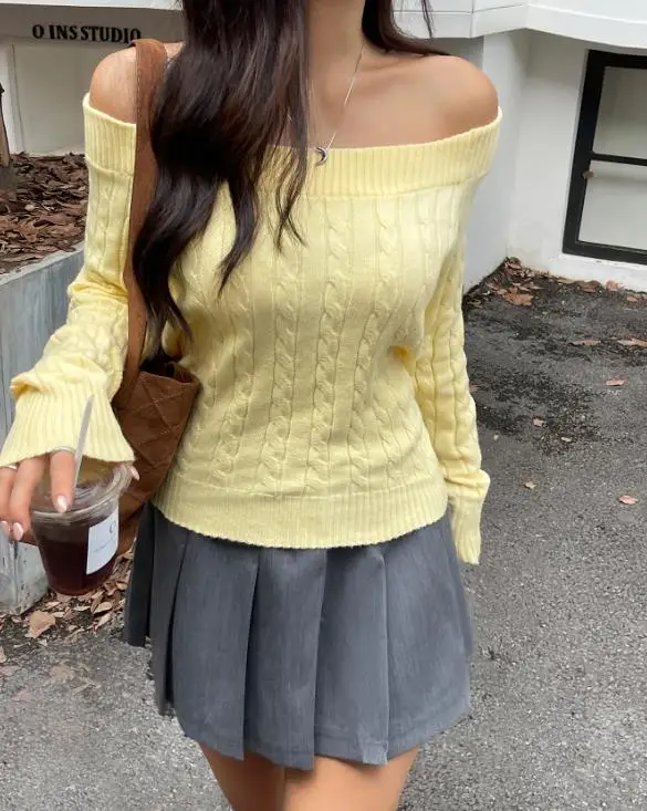 

Autumn\winter New French Fashion Elegant Style Solid Simple One Neck Off Shoulder Fried Dough Twists Knitted Women's Sweater