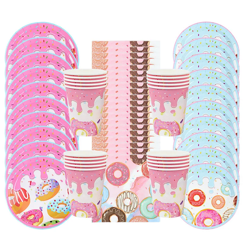 Donut Theme Disposable Tableware Kids Birthday Party Decoration Paper Napkins Plates Cups Tablecloth Baby Shower Party Supplies