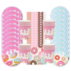 Donut Theme Louça Descartável para Crianças, Decoração De Festa De Aniversário, Guardanapos De Papel, Pratos, Copos, Toalha De Mesa, Baby Shower, Fontes De Festa