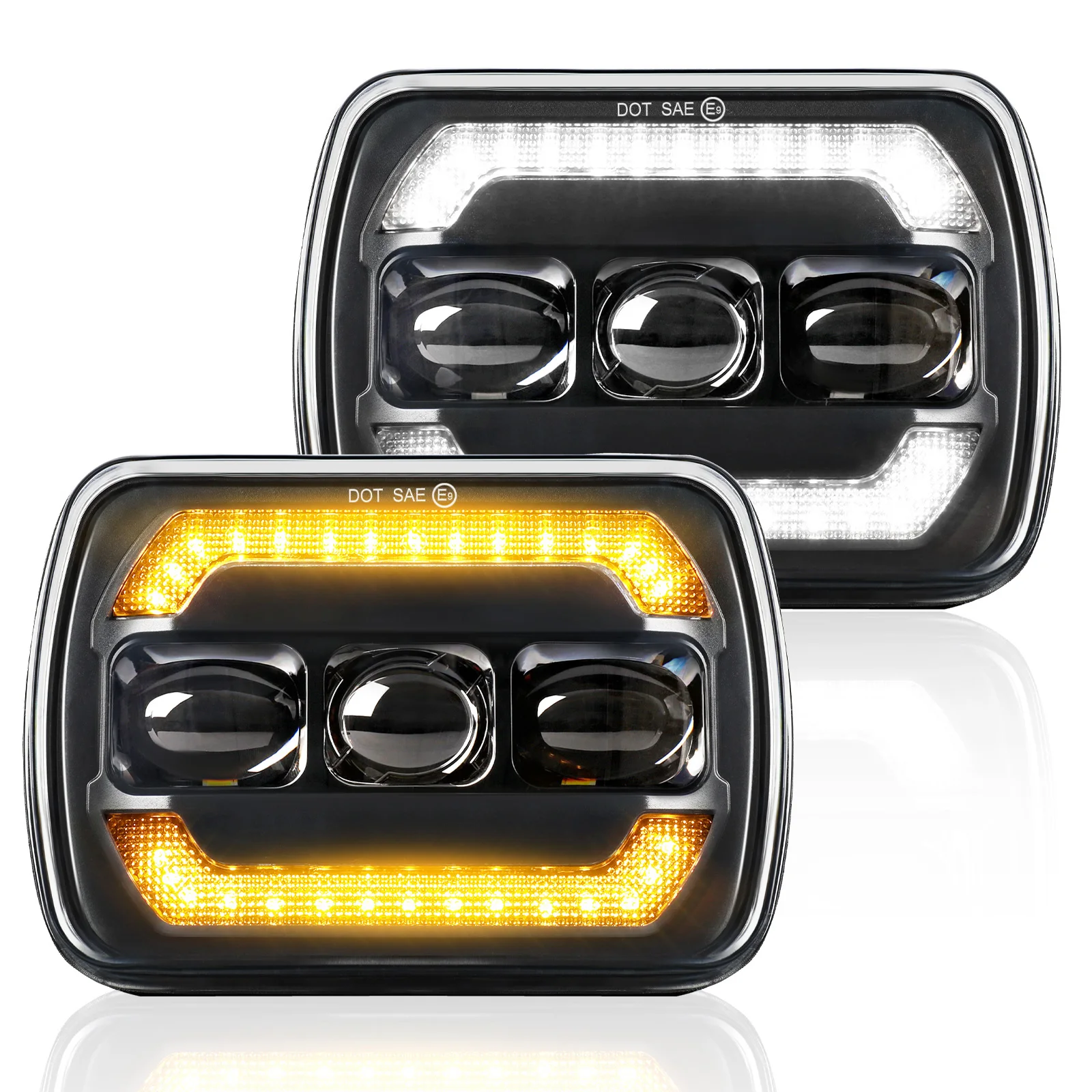 Faróis LED Quadrados HL 7x6 polegadas com Sinalizador Âmbar DRL e Feixes de Luz Alta/Baixa, Substitui H6054 H5054, para Uso Off-Road 12V 24V