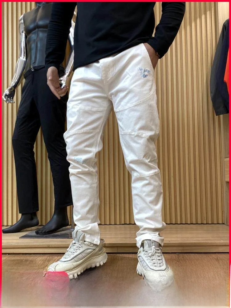 

Модные мужские джинсы Slim Fit с вышивкой, эластичные, на весну-лето, повседневные брюки прямого кроя на молнии, из хлопка стрейч