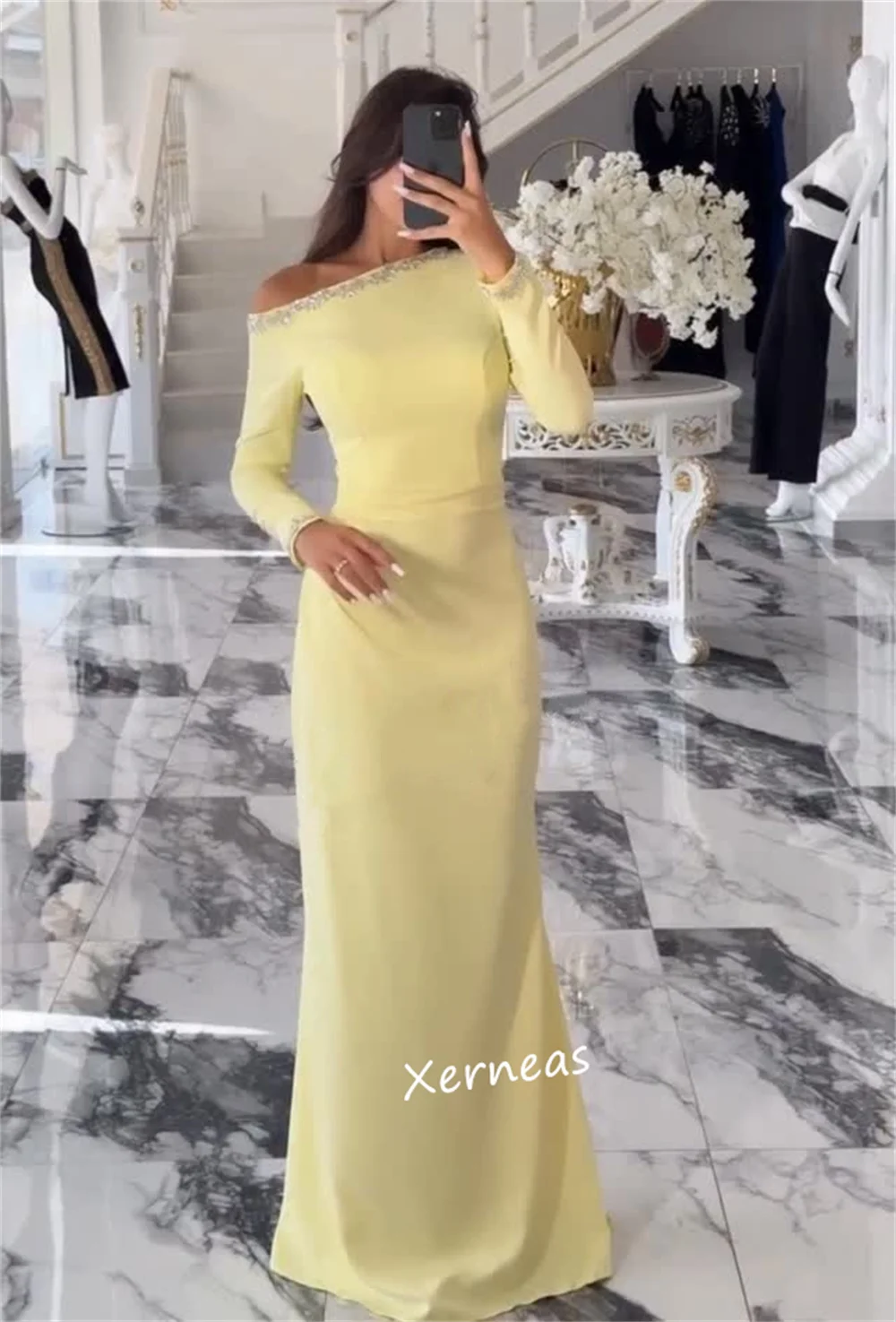Customized Jersey Rhinestone Off-the-shoulder Mermaid Floor-length Bespoke Occasion Evening Party Simple Elegant Glitter Formal