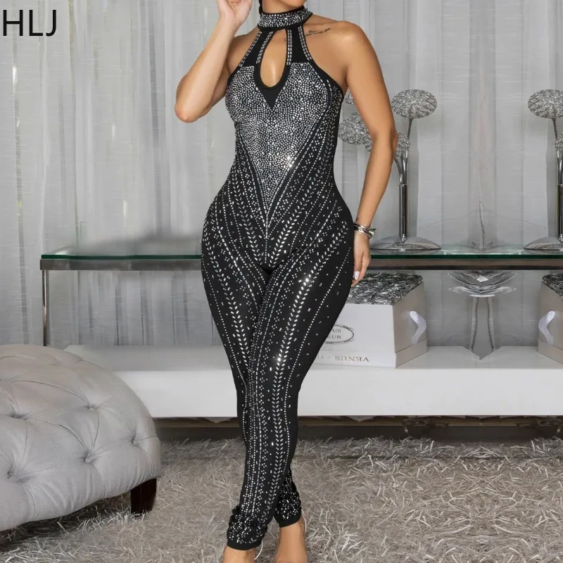 

HLJ сексуальный облегающий комбинезон со стразами в стиле пэчворк, женский комбинезон без рукавов с лямкой на шее и открытой спиной, женский уличный комбинезон, новинка 2023 г.