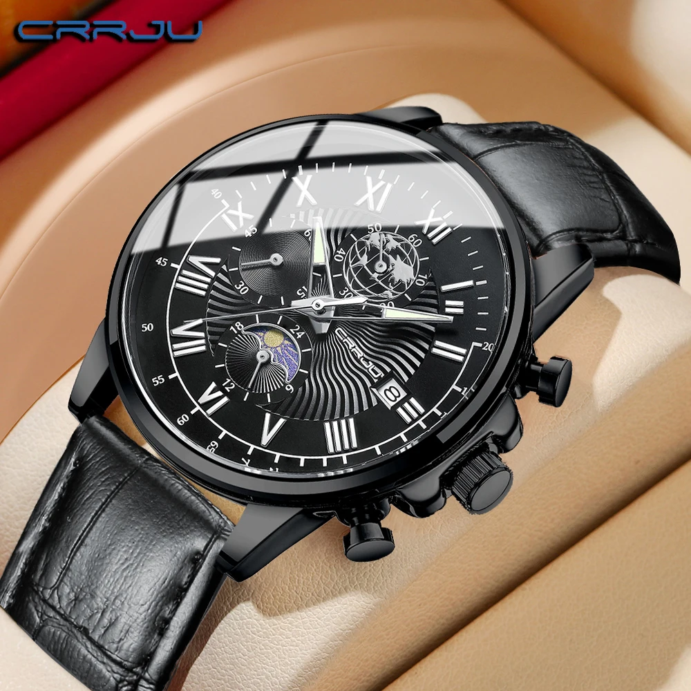 

CRRJU Sun Moon Phase Men Watch Quartz Waterproof Casual Business Man Reloj Male Clock Mens Wristwatch Luxury Classic Masculin