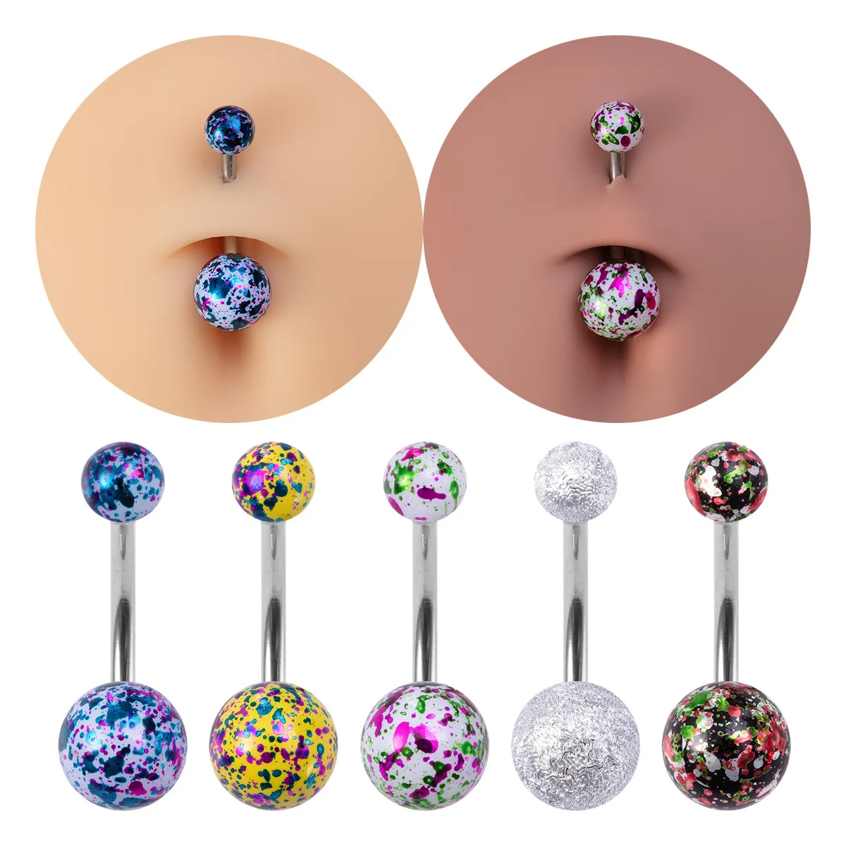 5pcs/set Spot Spray Paint Stainless Steel Acrylic Ball Irregular Line Body Piercing Jewelry Color Navel Ring Set