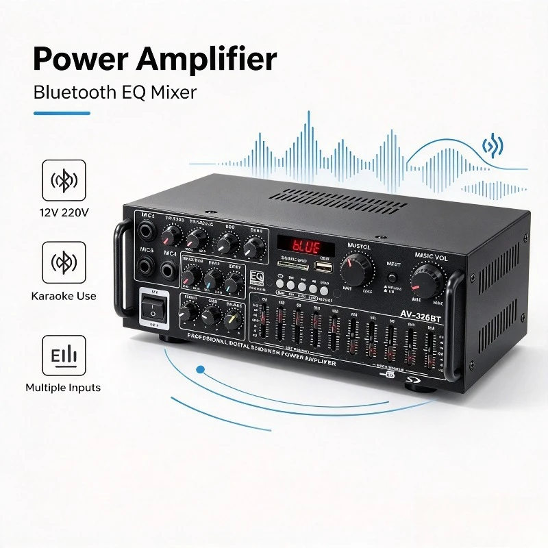 High Power Bluetooth Amplifier with EQ Equalizer 12V 220V Dual Use for Home Car Outdoor KTV Audio Sound System