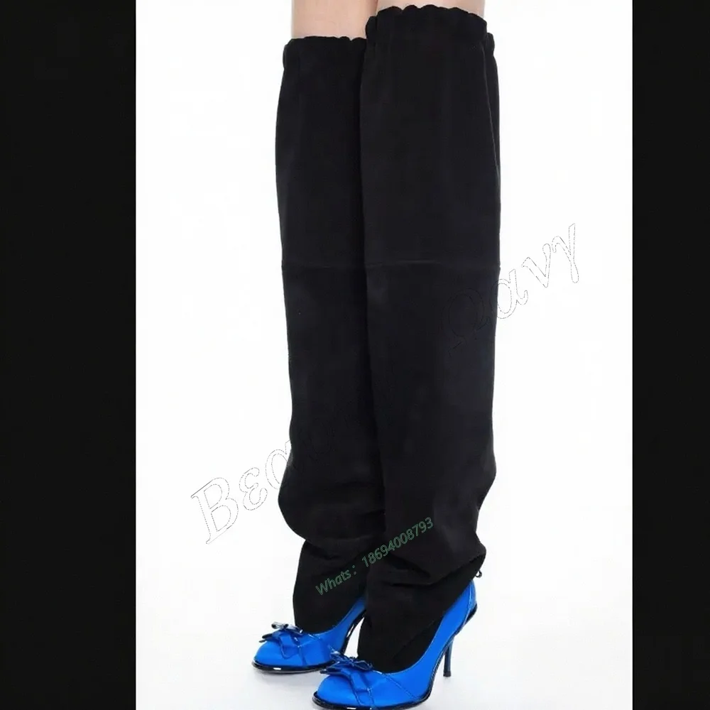 

Blue Black Bow Knot Decor Boots Patchwork Pleated Strange Style Men Heels Long Shoes for Women Shoes 2025 Zapatos Para Mujere