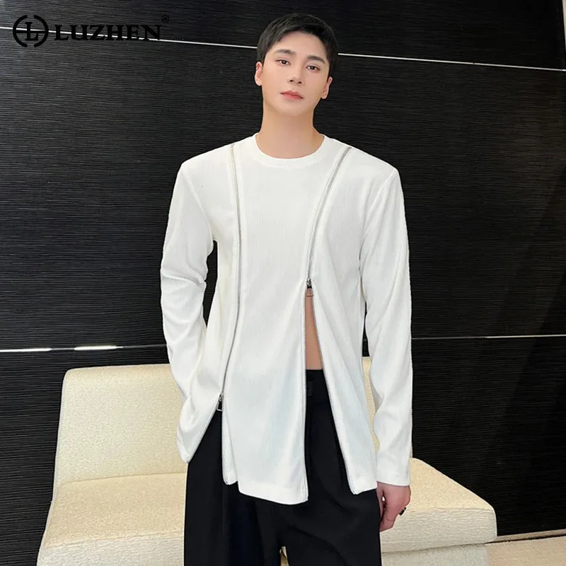 

LUZHEN Long 2025 New Design Original Personalized Zipper Splicing Sleeve Shirts Men Stylish Elegant Solid Color Male Tops JY2645