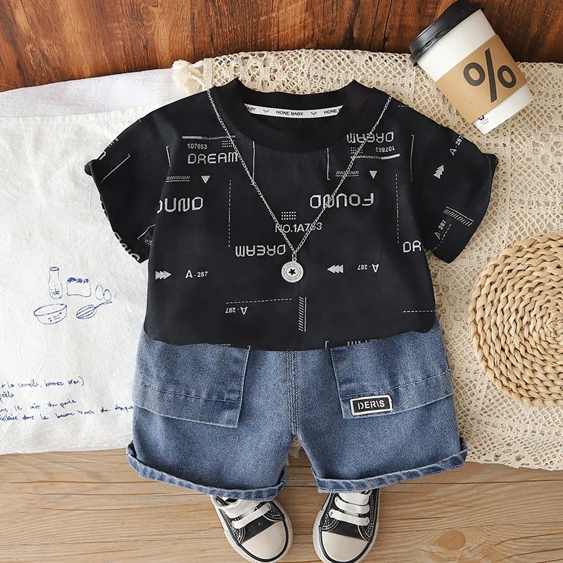 2026 Fashion Necklace Decor Toddler Boys Outfits Summer Letter Print T-shirt + Denim Shorts 2pcs Kids Casual Trendy Clothes Set