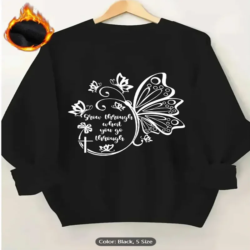 

Женская толстовка Grow Through What You Go Through с графическим принтом бабочки на флисовой подкладке, повседневный пуловер большого размера из чистого хлопка