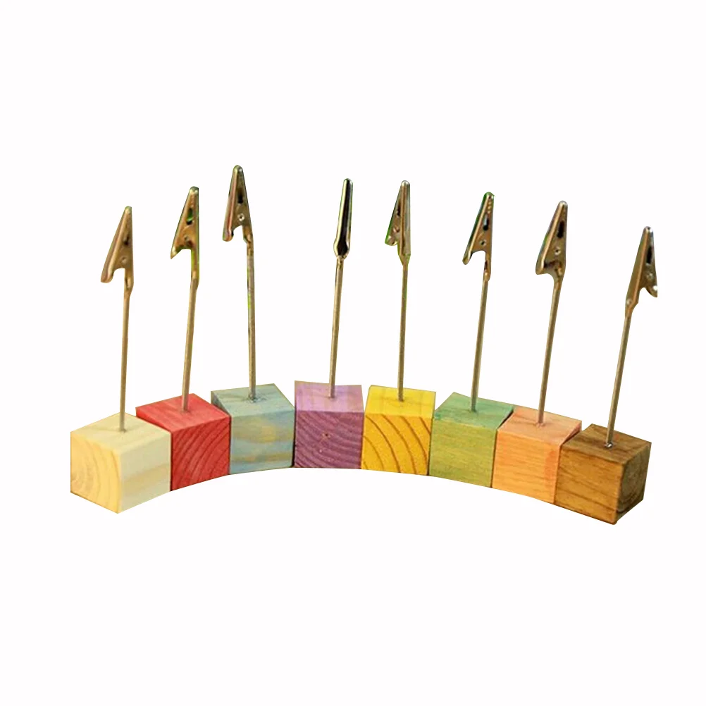 

8 Pcs Picture Holders with Clips Alligator Note Photo Menu Table Wire Cube Base Place Wooden Folder Office