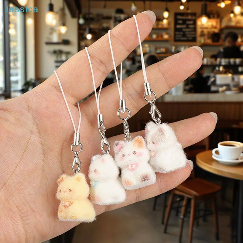 ♥Cute Flocked Animal Phone Charms - Mini Plush Bear Rabbit Cat Keychain for Backpacks and Phones