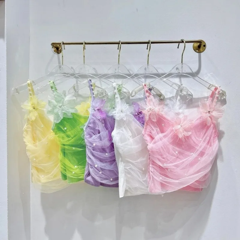 3D Flower Bead Sling Suspender Splicing Sling Top 2025 Summer New Sweet Short Camis Mesh Slim Fit Vest Tank Chic Top