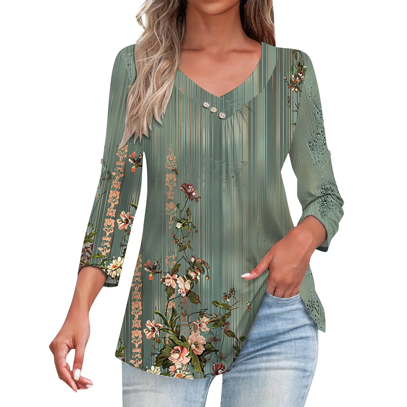 2024 Sprint Long Sleeve Elegant Women Tops Cactus Print Casual T Shirt For Women T-shirt Office Top Femme